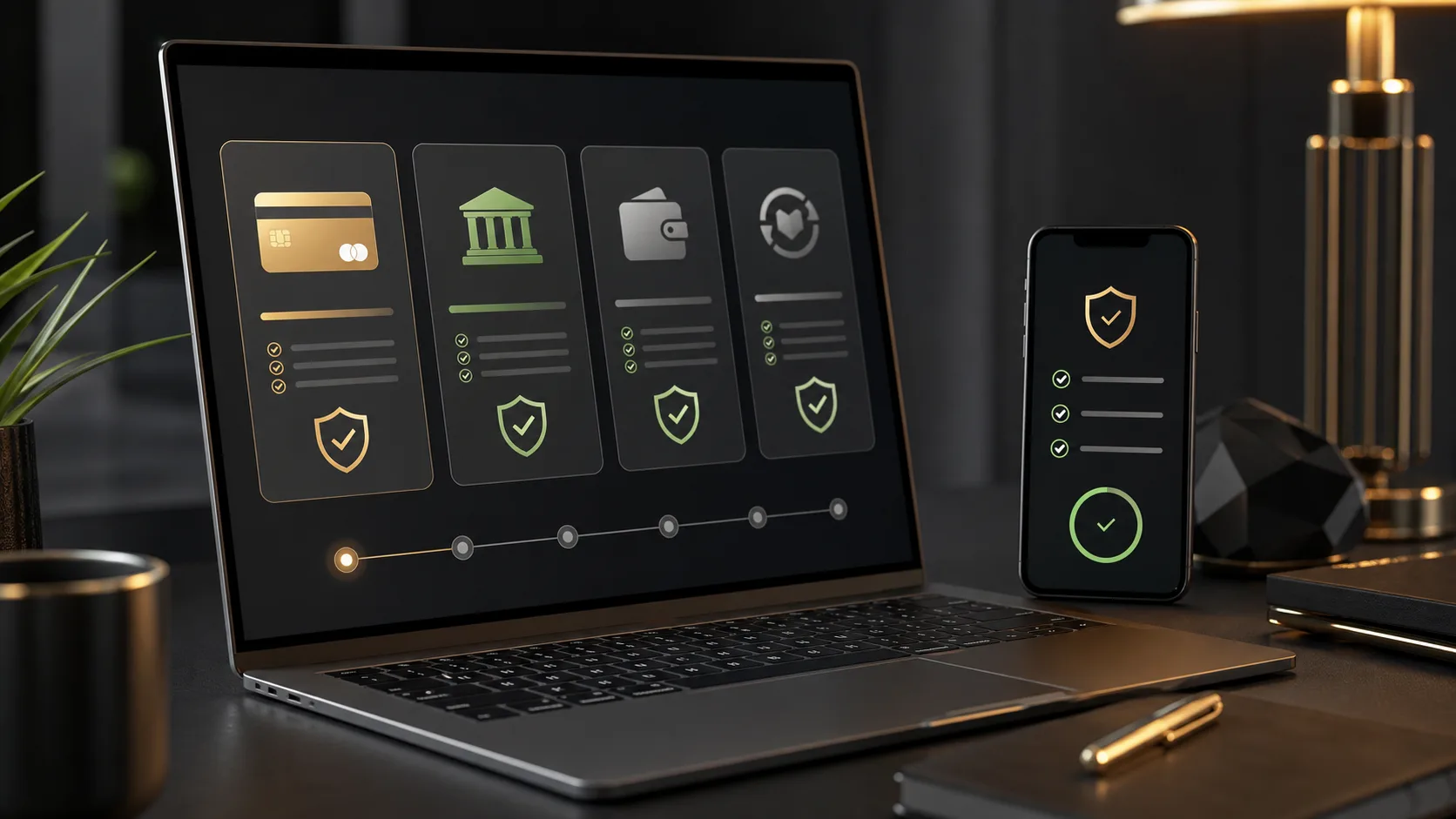 Dashboard financeiro abstrato comparando métodos de depósito com ícones de segurança sem texto legível